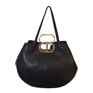 Twinset Milano shopper 'Lila' Oval T handle Black Leather Tote Bag Gold hardware
